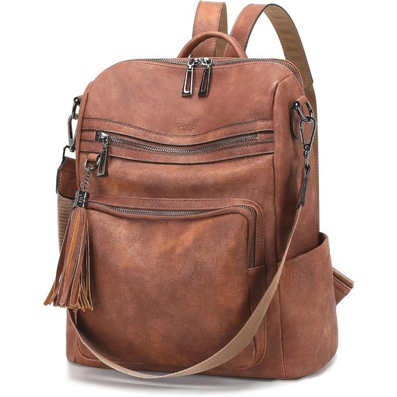 Women Brown Leather Travel Fashion Backpack with Tassel main image 10